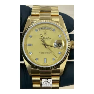 Rolex Day-Date 36mm Yellow Gold Champagne Diamond Dial | Fluted Bezel President Watch